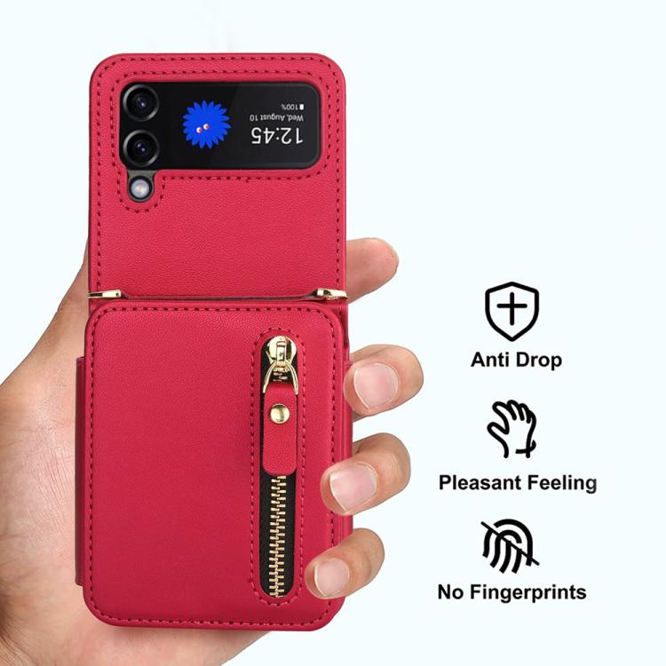 For Samsung Galaxy Z Flip3 Crossbody Zipper Dual Buckle Card Bag Folding Phone Case