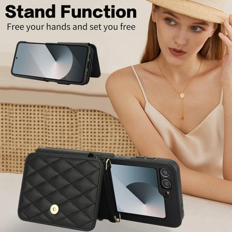 For Samsung Galaxy Z Flip6 / Flip7 FE Crossbody Rhombus Wallet Bag Folding Phone Case with Lanyard