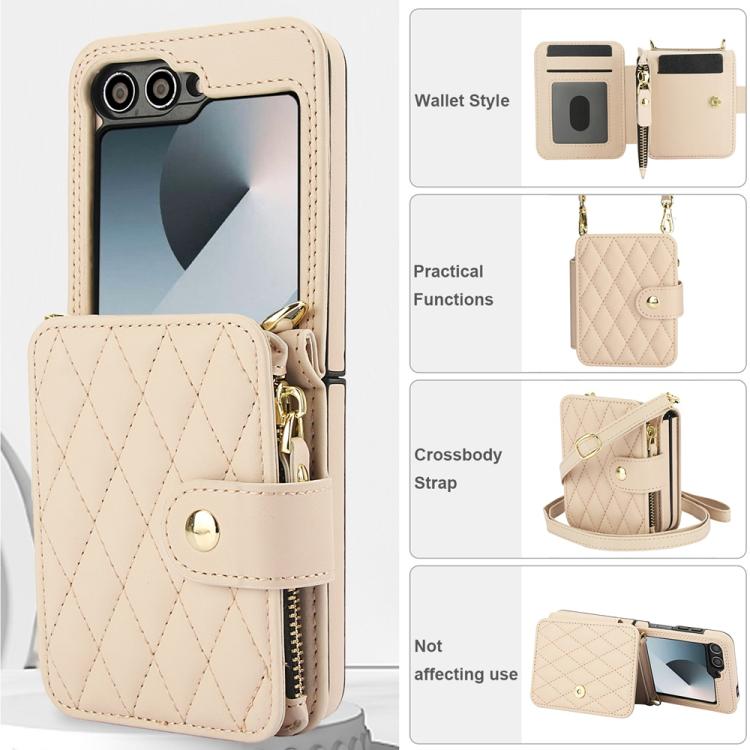 For Samsung Galaxy Z Flip6 / Flip7 FE Crossbody Rhombus Wallet Bag Folding Phone Case with Lanyard
