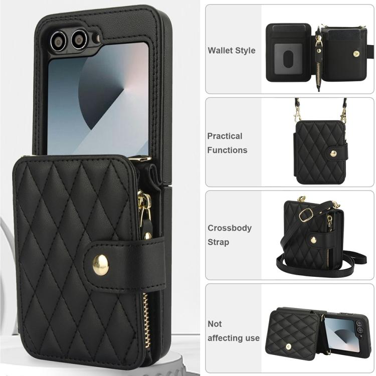 For Samsung Galaxy Z Flip5 Crossbody Rhombus Wallet Bag Folding Phone Case with Lanyard