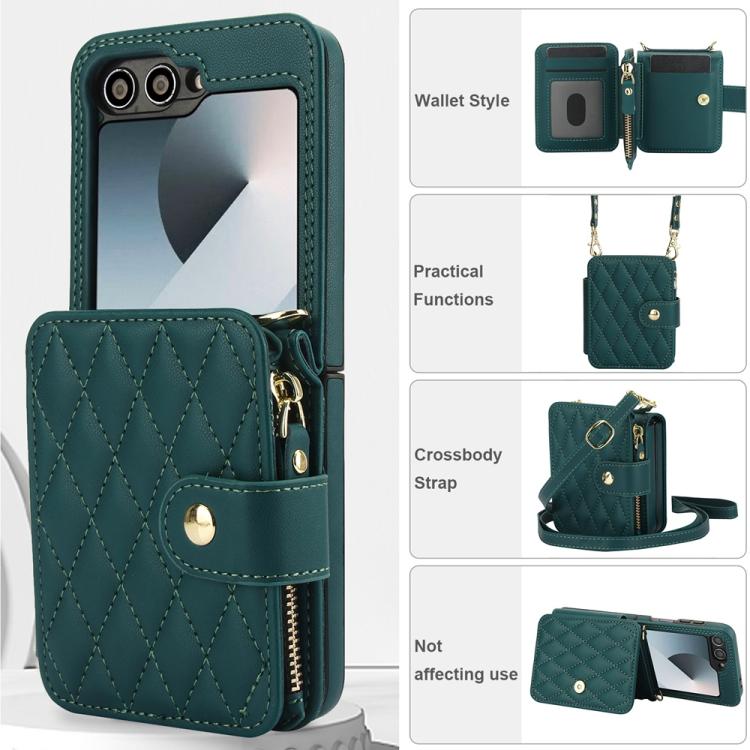For Samsung Galaxy Z Flip5 Crossbody Rhombus Wallet Bag Folding Phone Case with Lanyard