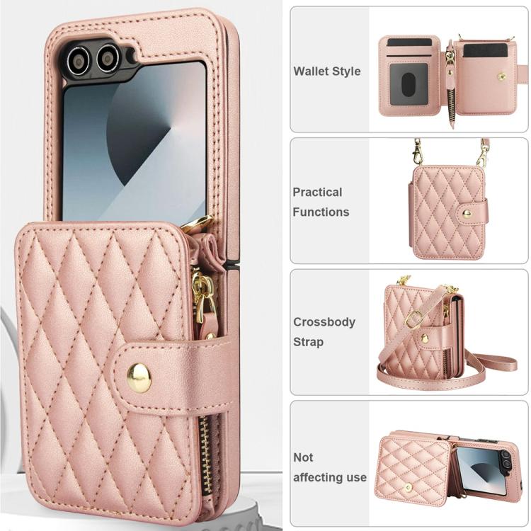For Samsung Galaxy Z Flip5 Crossbody Rhombus Wallet Bag Folding Phone Case with Lanyard