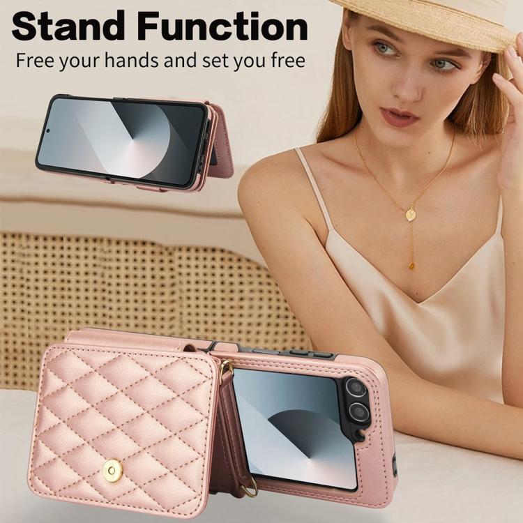 For Samsung Galaxy Z Flip5 Crossbody Rhombus Wallet Bag Folding Phone Case with Lanyard