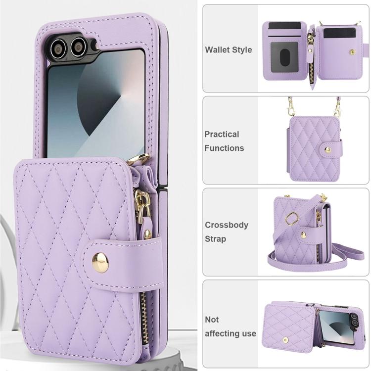 For Samsung Galaxy Z Flip5 Crossbody Rhombus Wallet Bag Folding Phone Case with Lanyard