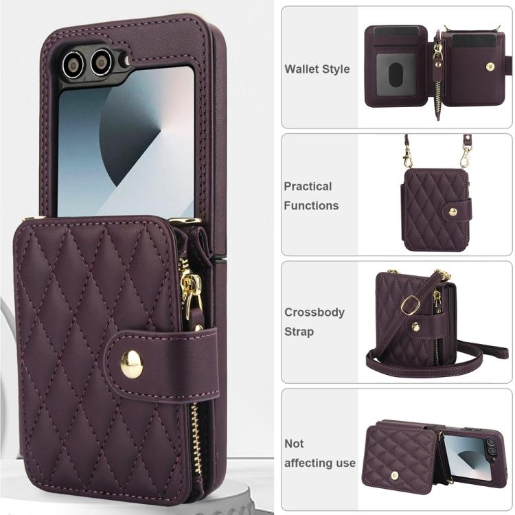 For Samsung Galaxy Z Flip5 Crossbody Rhombus Wallet Bag Folding Phone Case with Lanyard