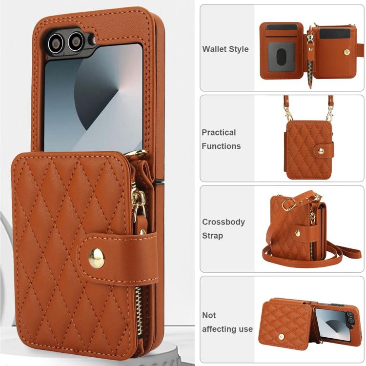 For Samsung Galaxy Z Flip5 Crossbody Rhombus Wallet Bag Folding Phone Case with Lanyard