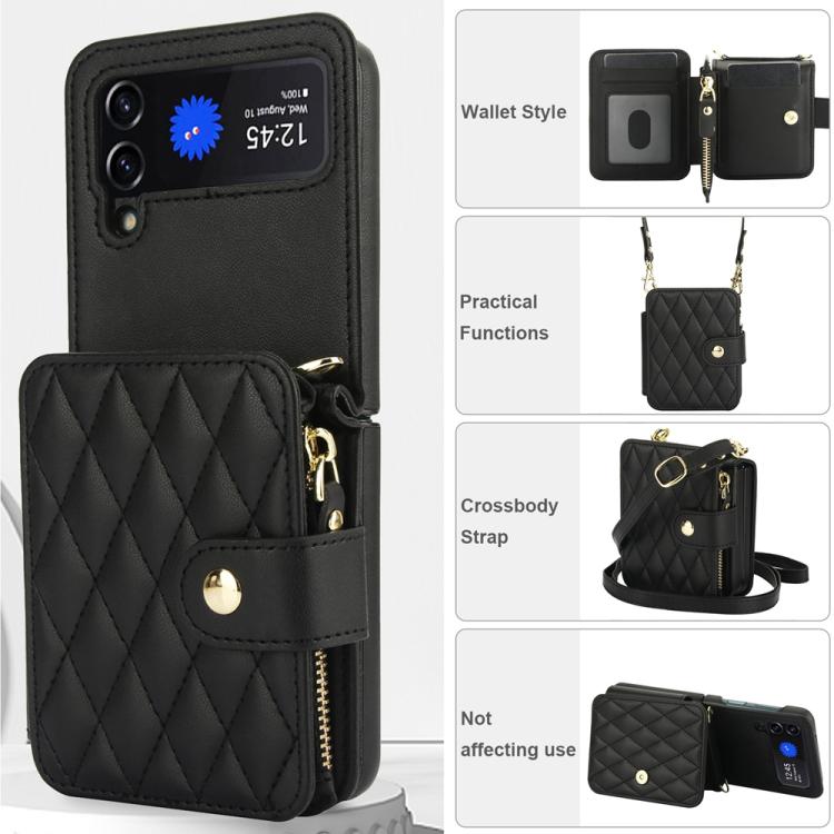 For Samsung Galaxy Z Flip3 Crossbody Rhombus Wallet Bag Folding Phone Case with Lanyard