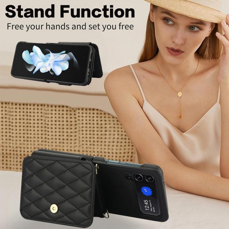 For Samsung Galaxy Z Flip3 Crossbody Rhombus Wallet Bag Folding Phone Case with Lanyard