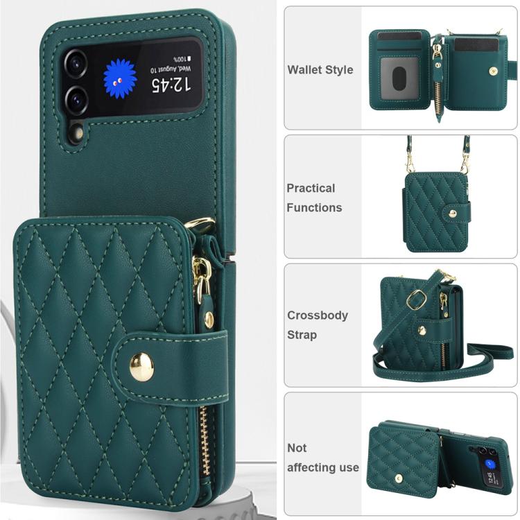 For Samsung Galaxy Z Flip3 Crossbody Rhombus Wallet Bag Folding Phone Case with Lanyard