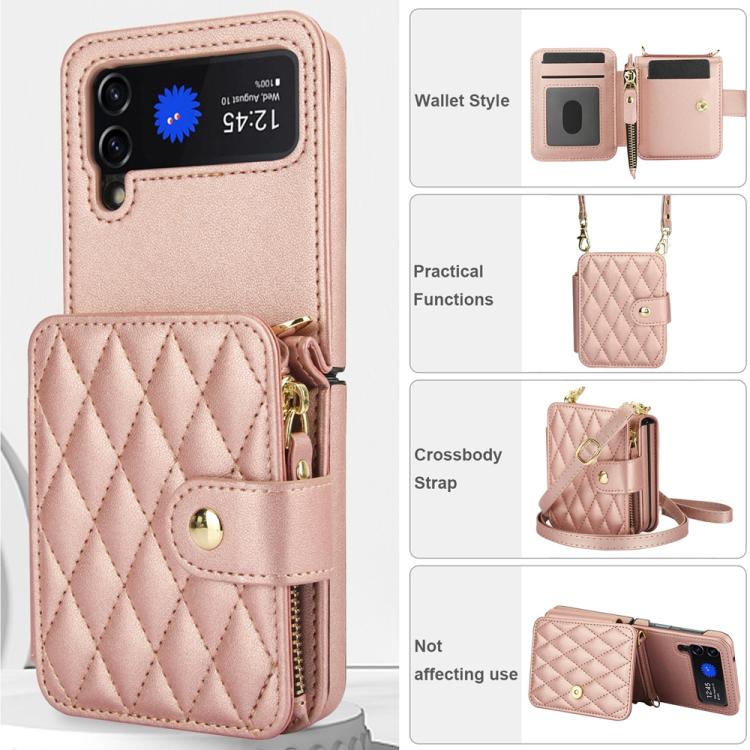 For Samsung Galaxy Z Flip3 Crossbody Rhombus Wallet Bag Folding Phone Case with Lanyard