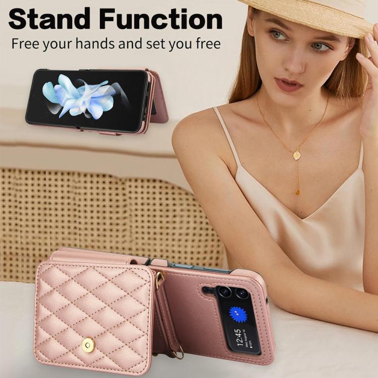 For Samsung Galaxy Z Flip3 Crossbody Rhombus Wallet Bag Folding Phone Case with Lanyard