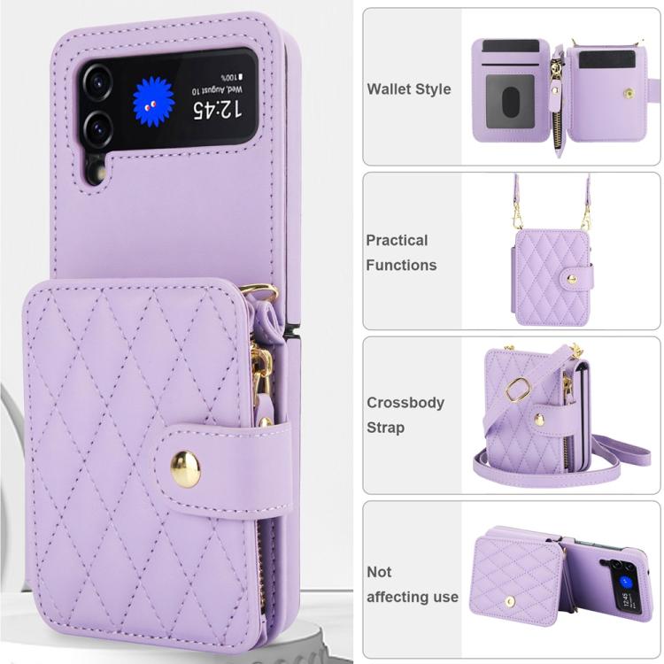 For Samsung Galaxy Z Flip3 Crossbody Rhombus Wallet Bag Folding Phone Case with Lanyard