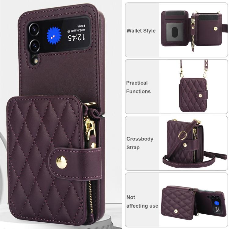 For Samsung Galaxy Z Flip3 Crossbody Rhombus Wallet Bag Folding Phone Case with Lanyard