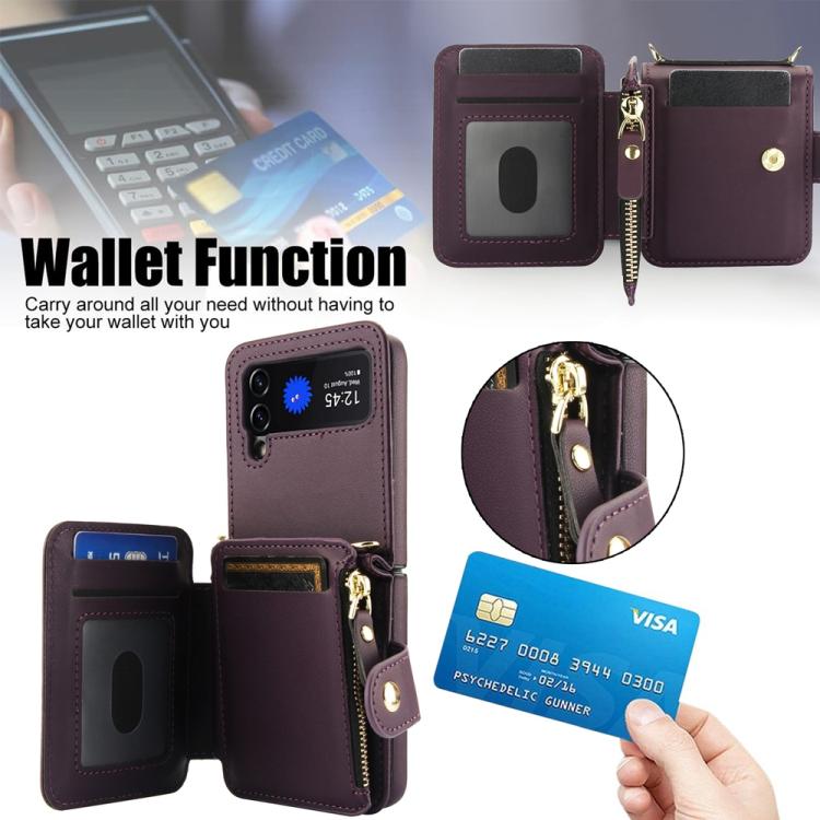 For Samsung Galaxy Z Flip3 Crossbody Rhombus Wallet Bag Folding Phone Case with Lanyard