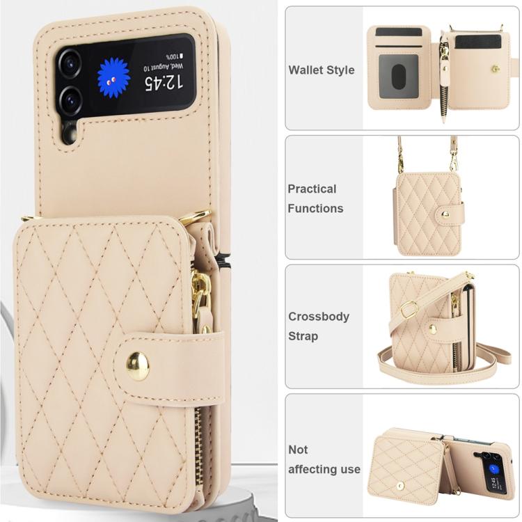 For Samsung Galaxy Z Flip3 Crossbody Rhombus Wallet Bag Folding Phone Case with Lanyard