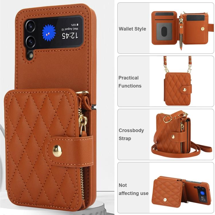 For Samsung Galaxy Z Flip3 Crossbody Rhombus Wallet Bag Folding Phone Case with Lanyard