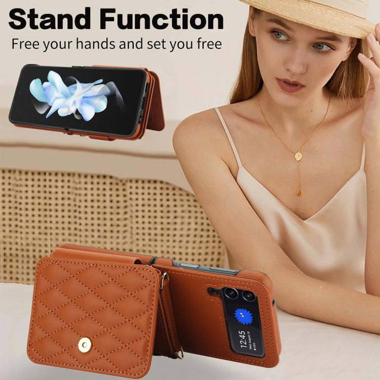 For Samsung Galaxy Z Flip3 Crossbody Rhombus Wallet Bag Folding Phone Case with Lanyard