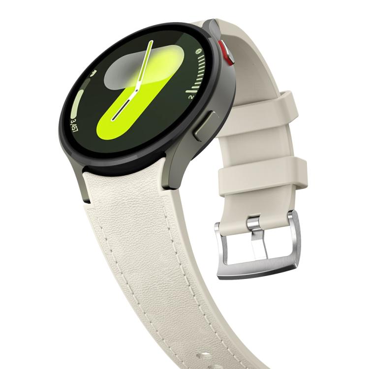 For Samsung Galaxy Watch 7 / 6 / 5 / 4 Silver Pin Buckle Leather Silicone Watch Band
