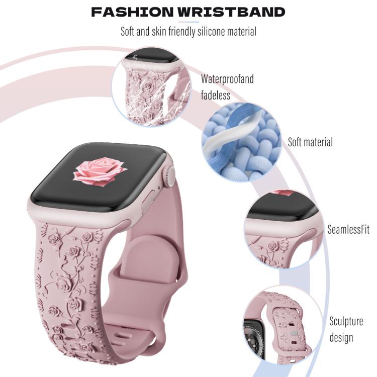 For Apple Watch 46mm / 49mm / 45mm / 44mm Embossed 3D Rose Flower Silicone Watch Band