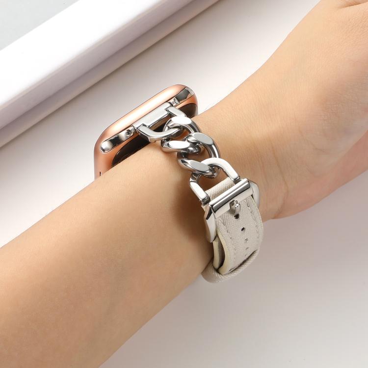 For Apple Watch 46mm / 49mm / 45mm / 44mm Metal Chain Leather Denim Watch Band