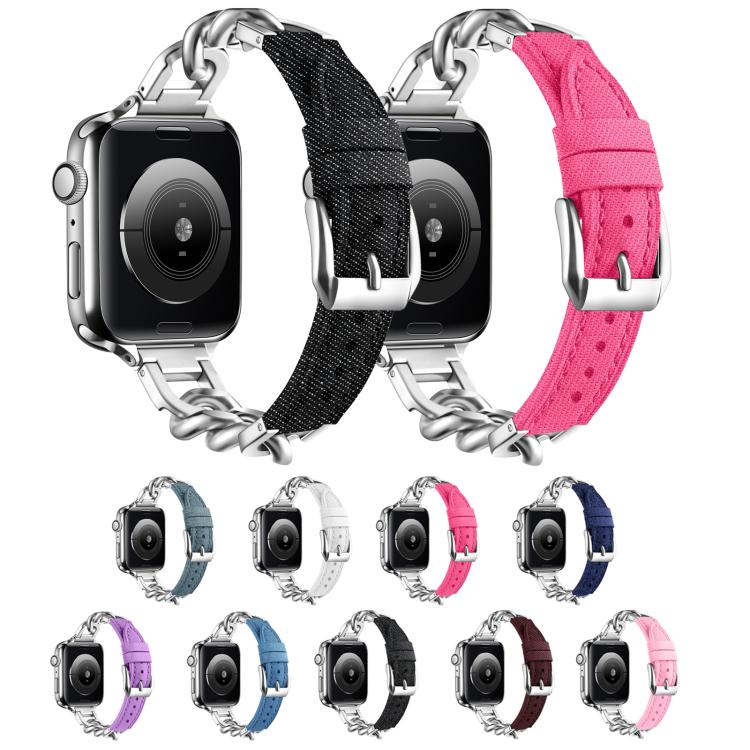For Apple Watch 46mm / 49mm / 45mm / 44mm Metal Chain Leather Denim Watch Band