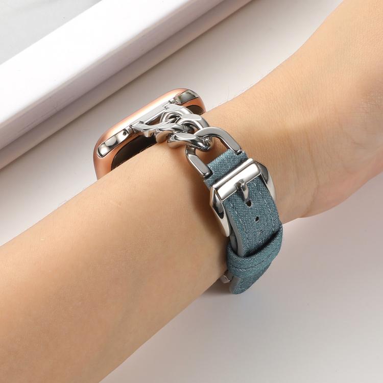 For Apple Watch 46mm / 49mm / 45mm / 44mm Metal Chain Leather Denim Watch Band