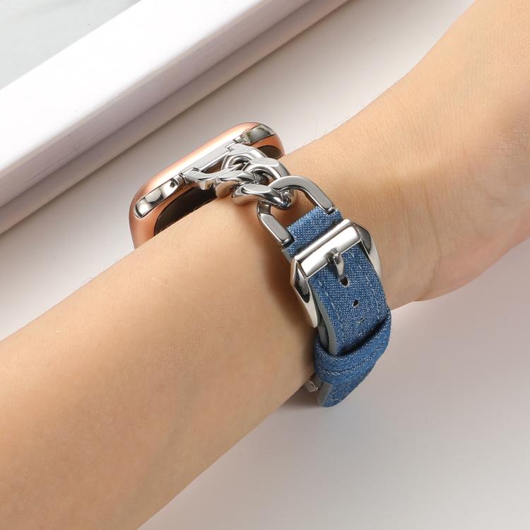 For Apple Watch 46mm / 49mm / 45mm / 44mm Metal Chain Leather Denim Watch Band