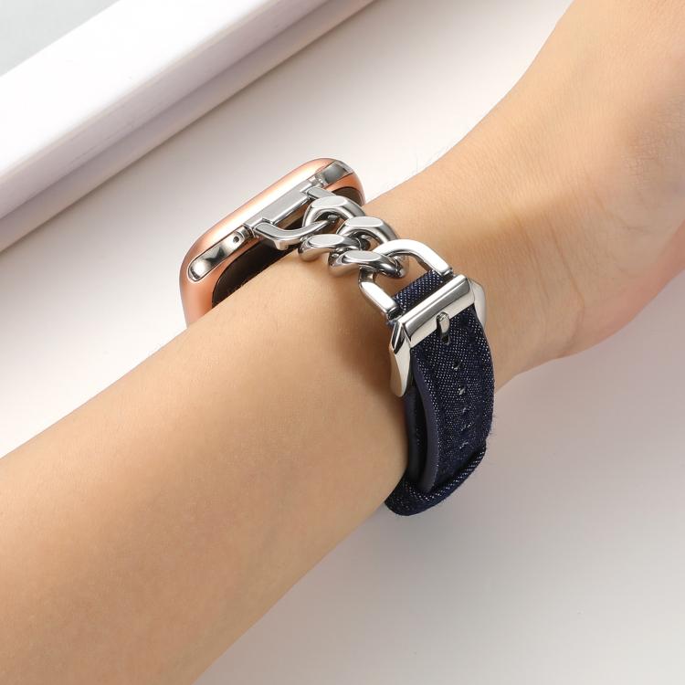 For Apple Watch 46mm / 49mm / 45mm / 44mm Metal Chain Leather Denim Watch Band