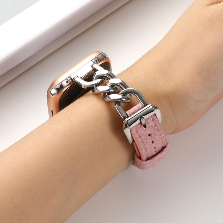For Apple Watch 42mm / 41mm / 40mm / 38mm Metal Chain Leather Denim Watch Band