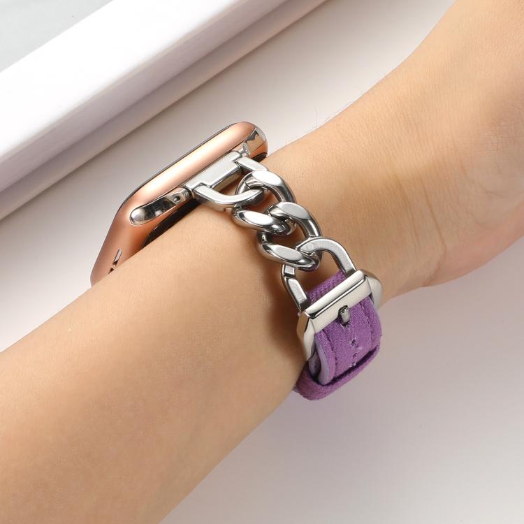 For Apple Watch 42mm / 41mm / 40mm / 38mm Metal Chain Leather Denim Watch Band