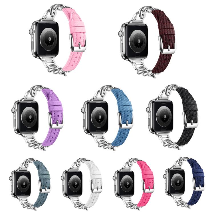 For Apple Watch 46mm / 49mm / 45mm / 44mm Metal Chain Leather Denim Watch Band