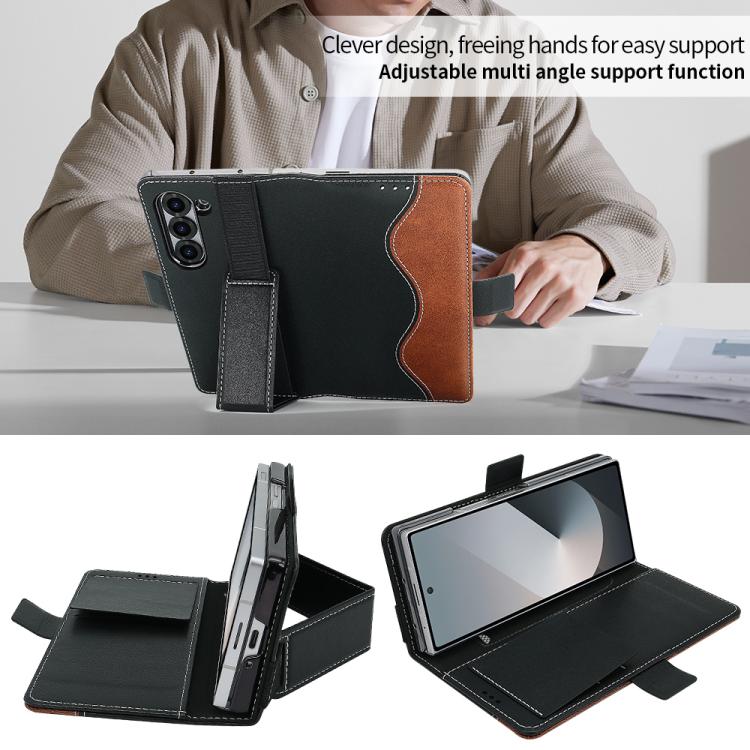 For Samsung Galaxy Z Fold6 VIETAO Integrated Spliced Leather Phone Case with Elastic Bowl Strap