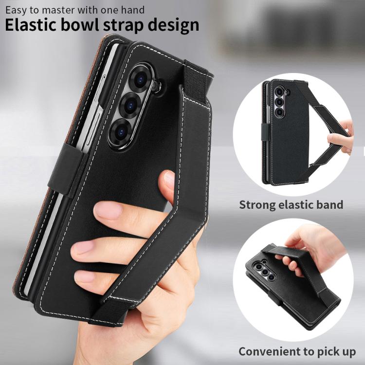 For Samsung Galaxy Z Fold6 VIETAO Integrated Spliced Leather Phone Case with Elastic Bowl Strap