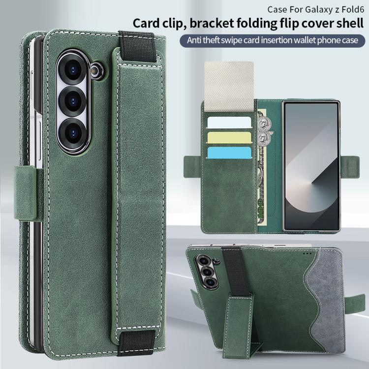 For Samsung Galaxy Z Fold6 VIETAO Integrated Spliced Leather Phone Case with Elastic Bowl Strap