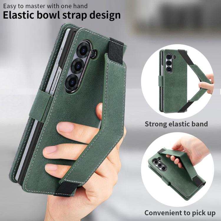 For Samsung Galaxy Z Fold6 VIETAO Integrated Spliced Leather Phone Case with Elastic Bowl Strap