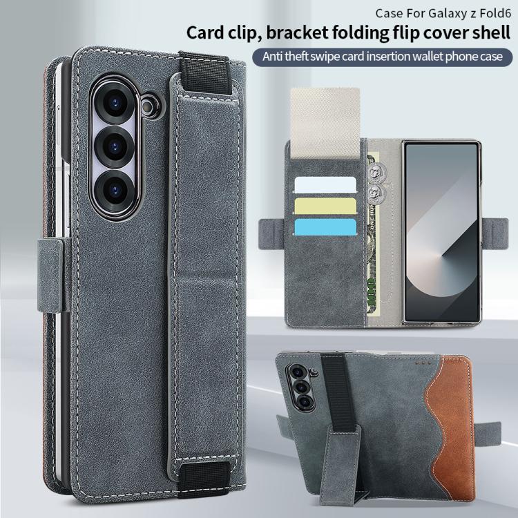 For Samsung Galaxy Z Fold6 VIETAO Integrated Spliced Leather Phone Case with Elastic Bowl Strap