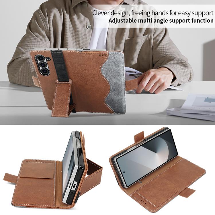 For Samsung Galaxy Z Fold5 VIETAO Integrated Spliced Leather Phone Case with Elastic Bowl Strap