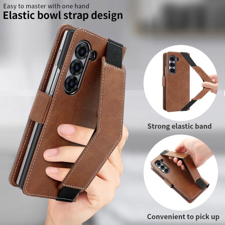 For Samsung Galaxy Z Fold5 VIETAO Integrated Spliced Leather Phone Case with Elastic Bowl Strap