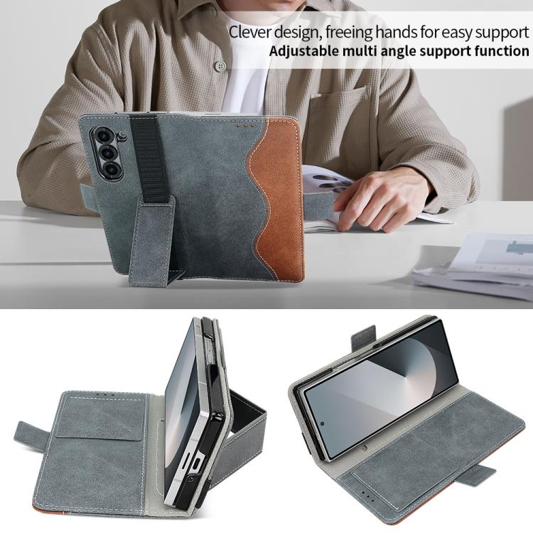 For Samsung Galaxy Z Fold5 VIETAO Integrated Spliced Leather Phone Case with Elastic Bowl Strap