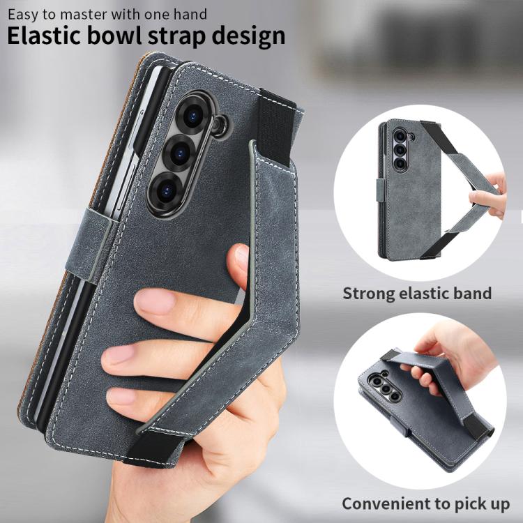 For Samsung Galaxy Z Fold5 VIETAO Integrated Spliced Leather Phone Case with Elastic Bowl Strap
