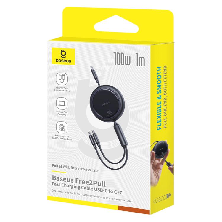 Baseus 2 in 1 Type-C 100W Retractable Charging Cable, Length: 1m - Black
