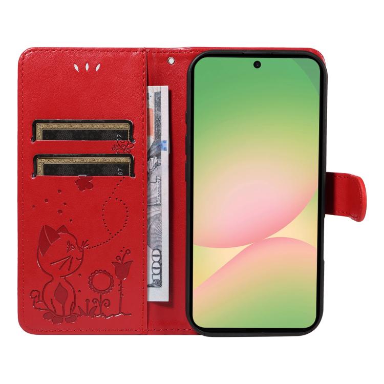For Samsung Galaxy A57 5G Cat and Bee Embossed Flip Leather Phone Case