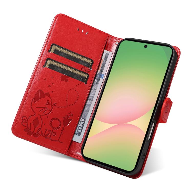 For Samsung Galaxy A57 5G Cat and Bee Embossed Flip Leather Phone Case