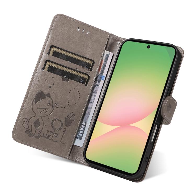 For Samsung Galaxy A57 5G Cat and Bee Embossed Flip Leather Phone Case