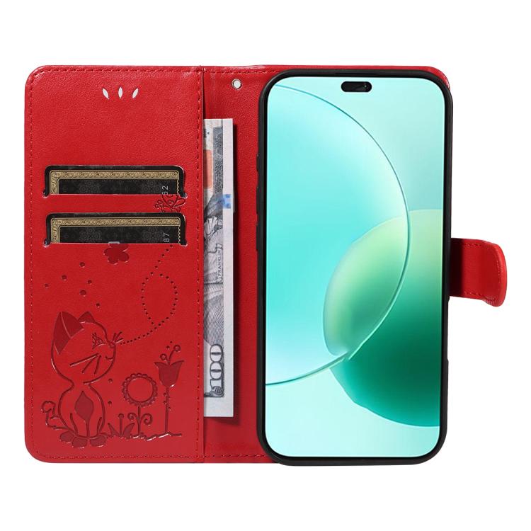 For Honor 400 Lite Global Cat and Bee Embossed Flip Leather Phone Case
