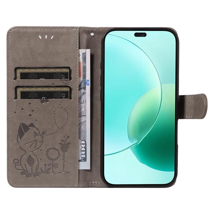 For Honor 400 Lite Global Cat and Bee Embossed Flip Leather Phone Case