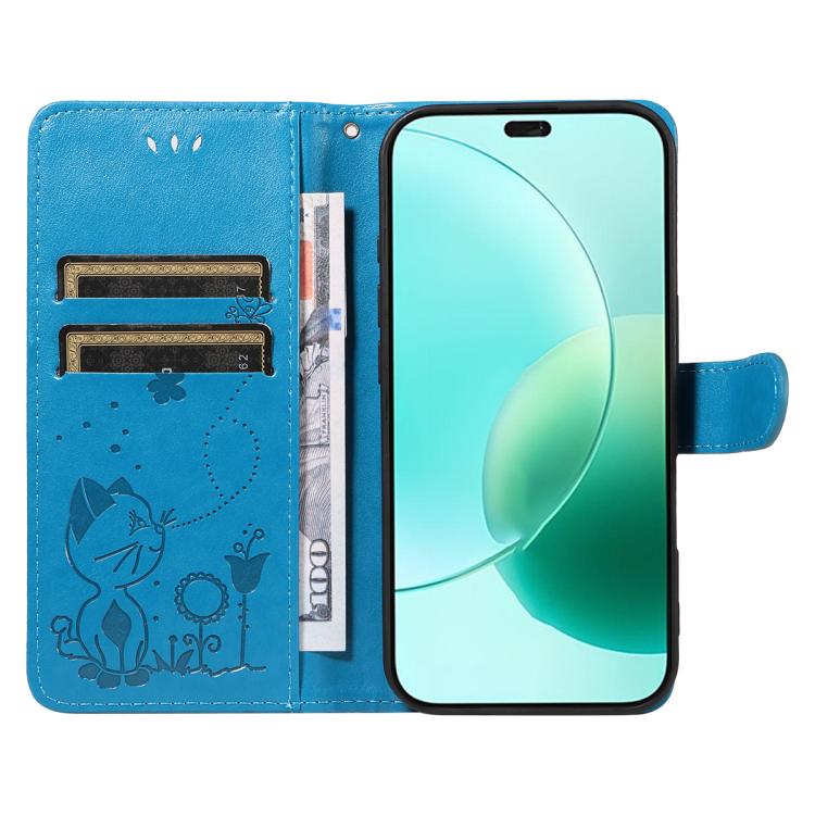 For Honor 400 Lite Global Cat and Bee Embossed Flip Leather Phone Case