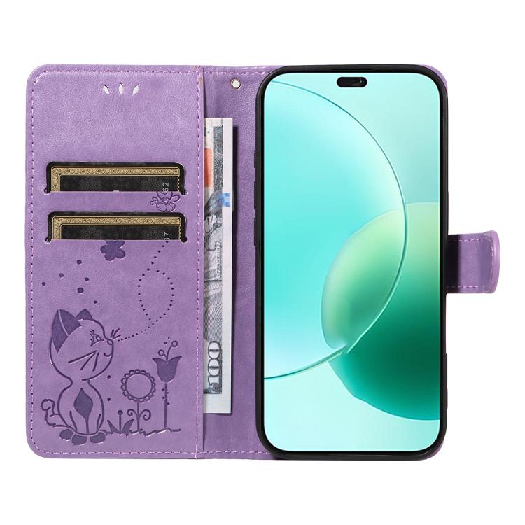 For Honor 400 Lite Global Cat and Bee Embossed Flip Leather Phone Case