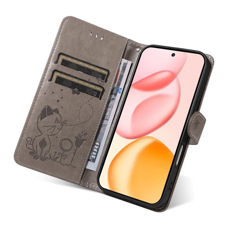 For Honor 400 Global 156.5mm Cat and Bee Embossed Flip Leather Phone Case