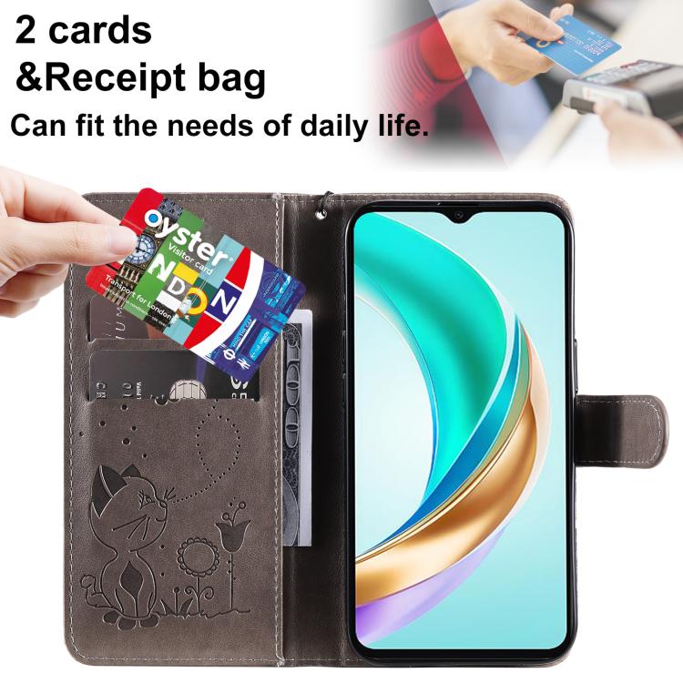 For Honor X6c / X6b / X6a / X5b Cat and Bee Embossed Flip Leather Phone Case
